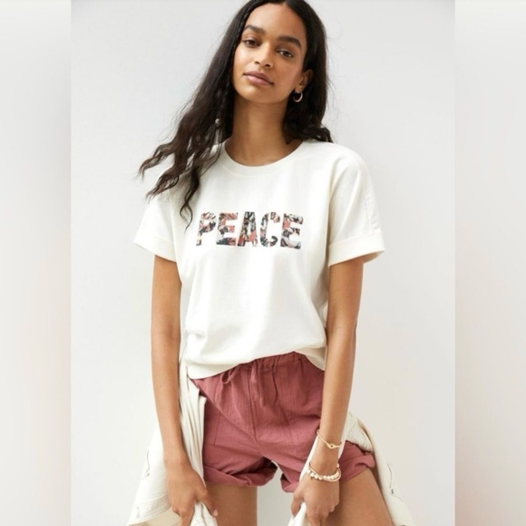 Anthropologie Cuffed Floral White Graphic Tee with Peace Design - Picture 1 of 5